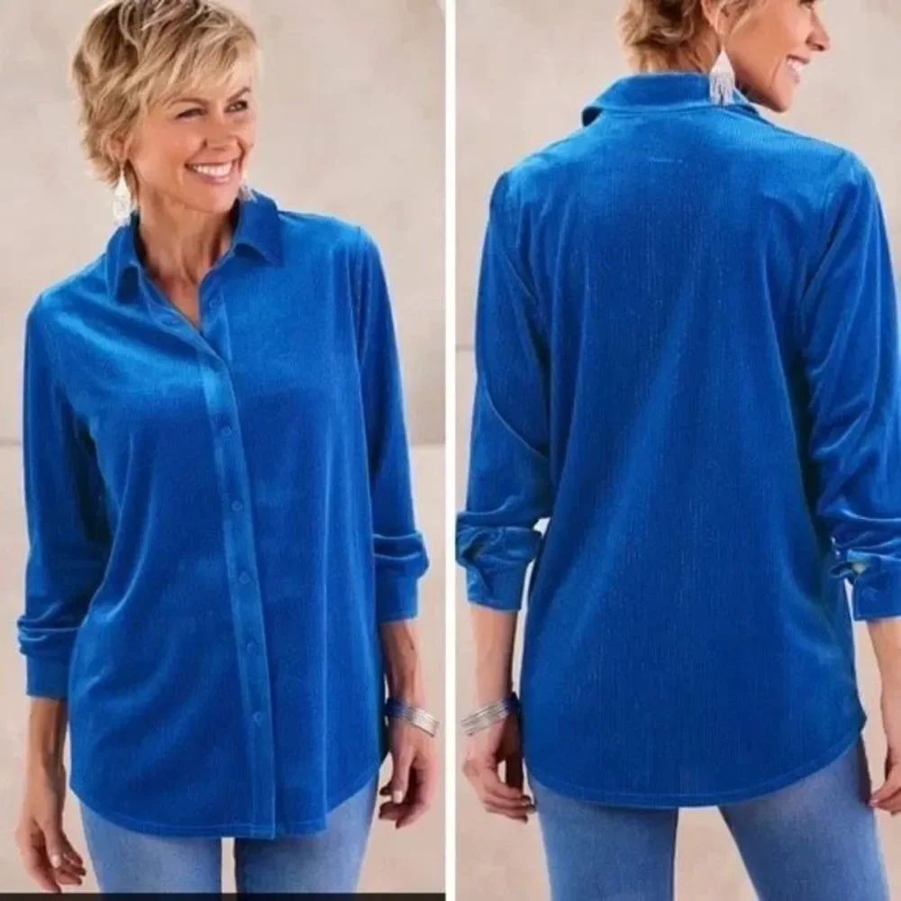 Soft Surroundings Women's Blue Velvet Button Down Shirt